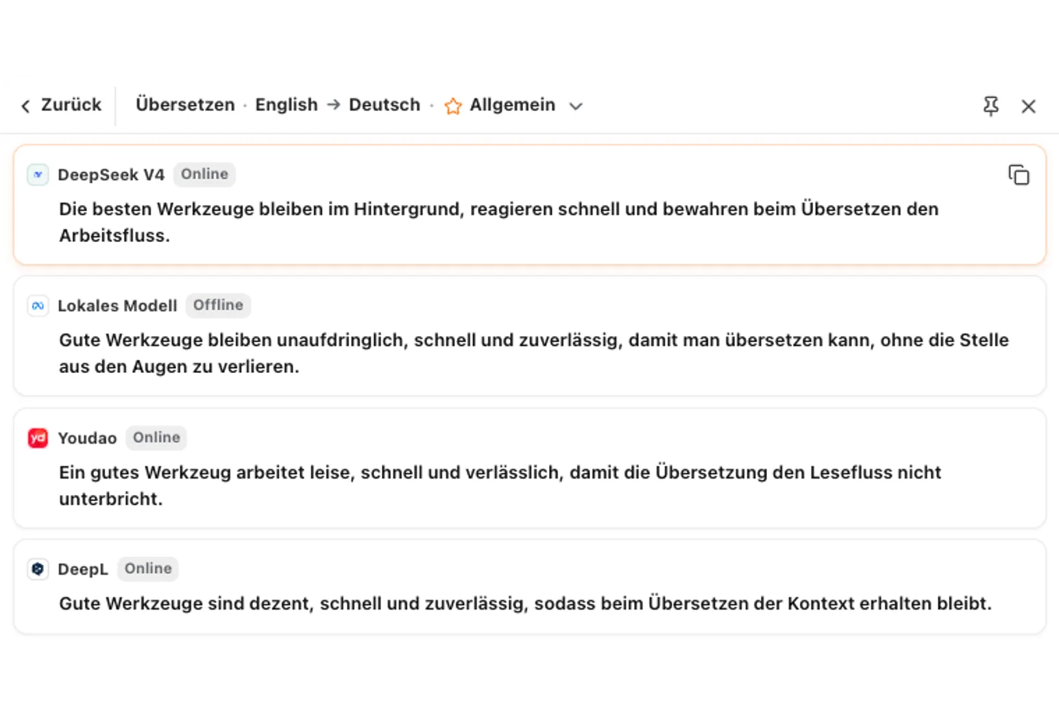 Vergleich mehrerer Übersetzungsergebnisse in TranslateWindow
