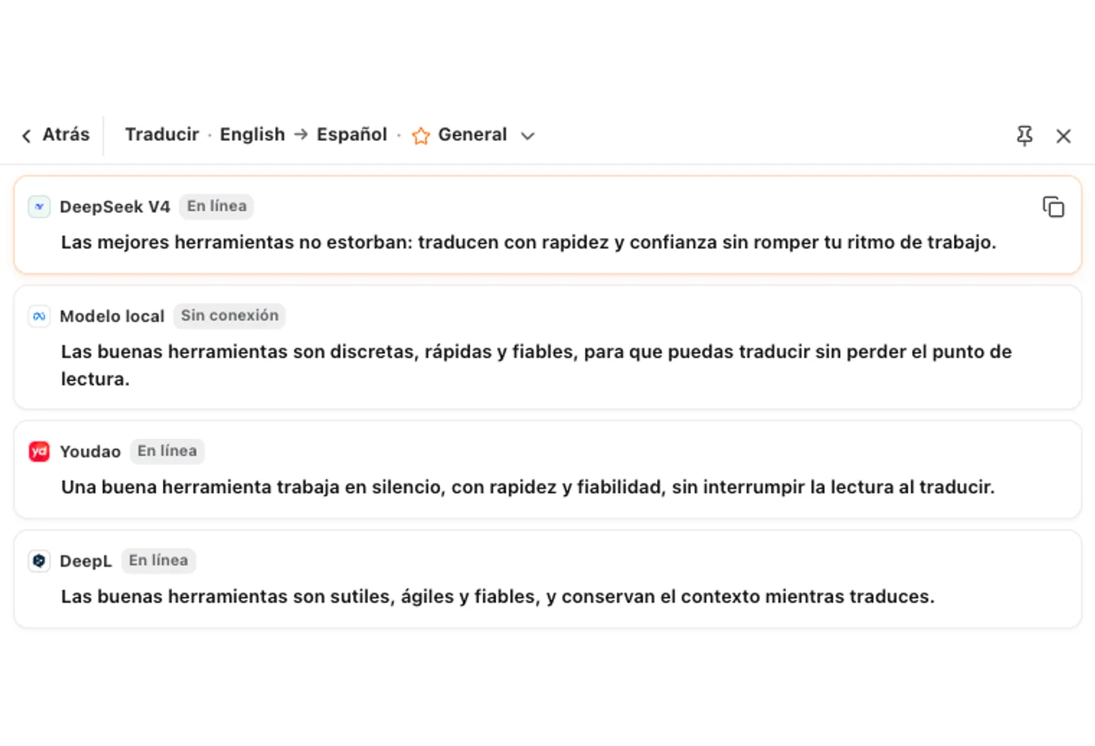 Comparación de varios resultados en TranslateWindow